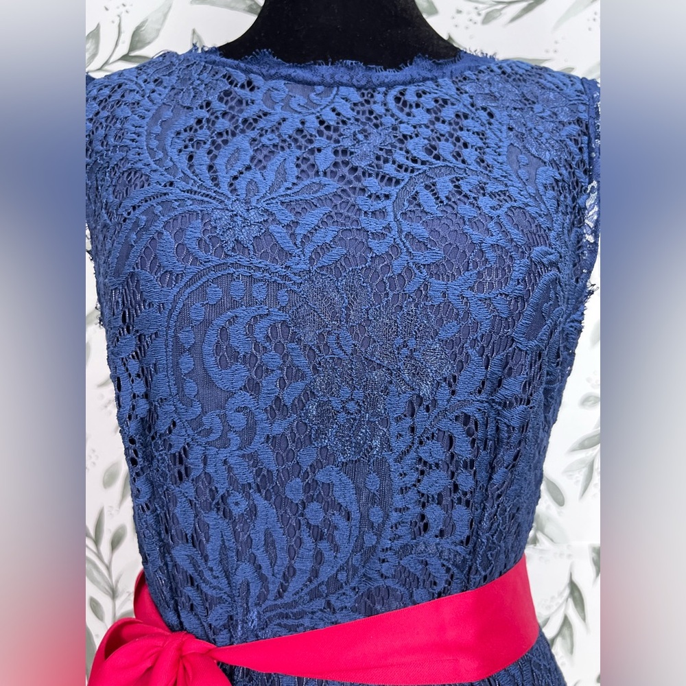 Retro Vintage Navy Blue Lace Sleeveless Dress Vibrant Red Satin Sash Size M #D - Picture 5 of 11